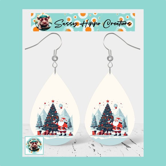 Earrings Retro Santa Claus Christmas Tree Holiday Hand Sublimated Printed on MDF - Picture 1 of 4